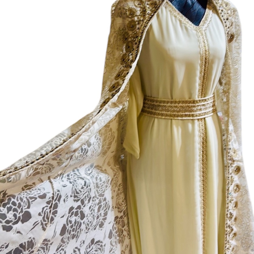 Luxury Kaftan hand-made cream Gold Long Sleeve Sequin 2Piece Kaftan&Gown L/XL